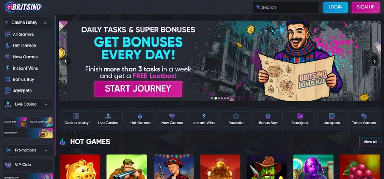 Britsino casino homepage showing the daily bonus tasks promotion Britsino casino homepage showing the daily bonus tasks promotion